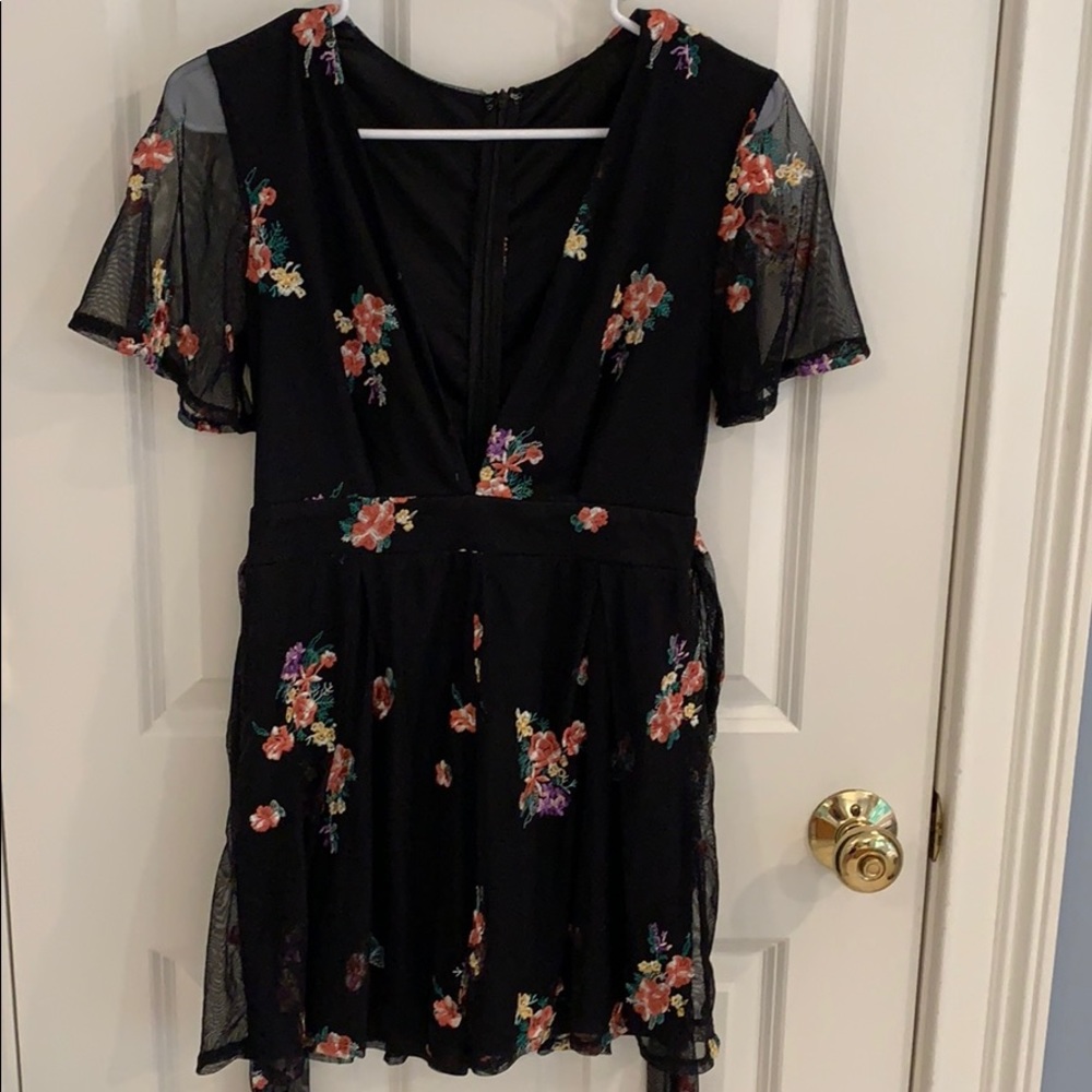 Black Floral Romper with Plunging Neckline